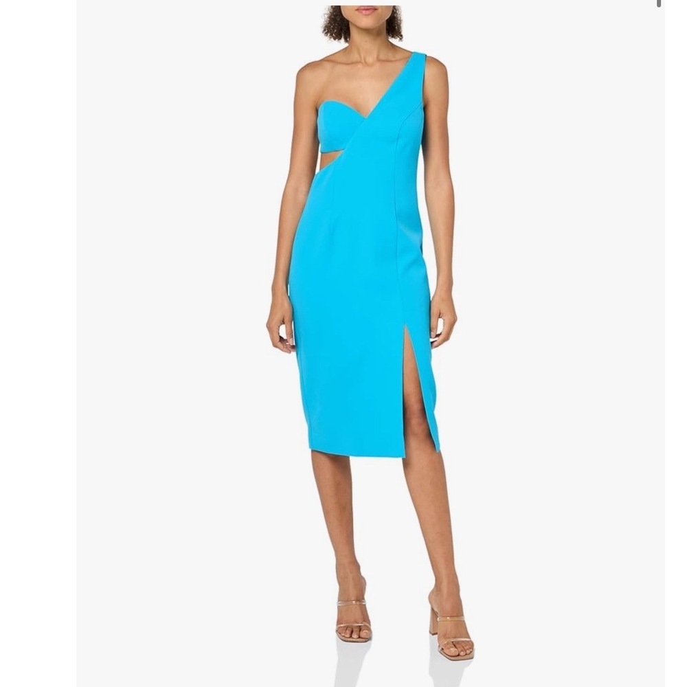 BCBGMAXAZRIA Vivid‎ Blue One Shoulder Cut Out Asymmetrical Midi Dress Size 10